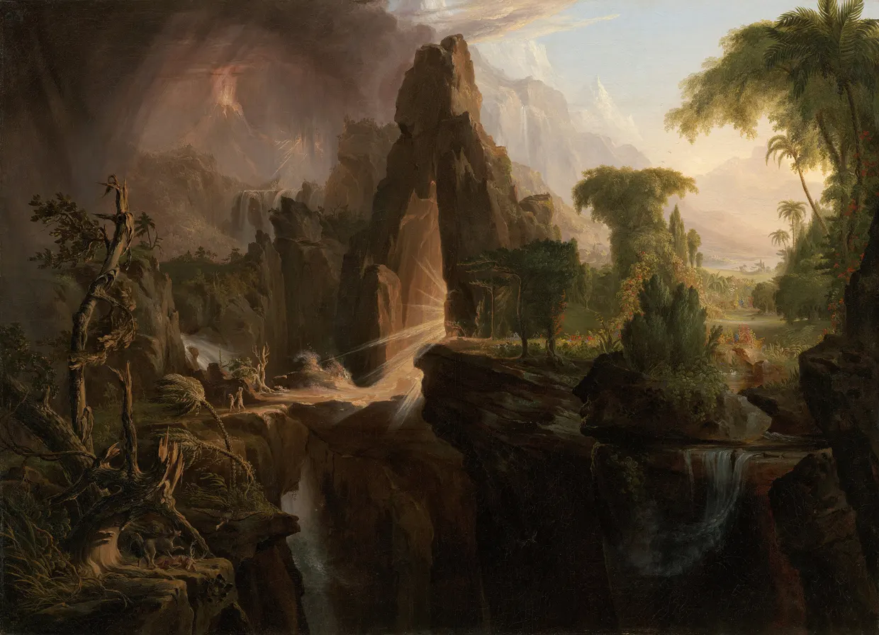 Thomas Cole's Expulsion from the Garden of Eden. Two small figures, Adam and Eve, flee through a gateway in the rock, out of a bright, green garden into a dark and stormy wilderness.